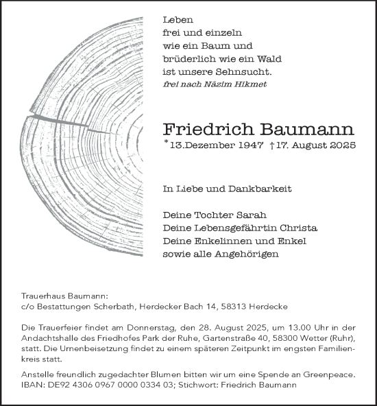 Traueranzeige von Friedrich Baumann von Tageszeitung