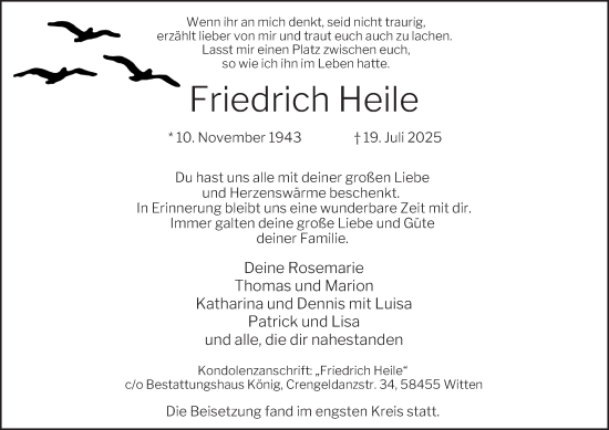 Traueranzeige von Friedrich Heile von Tageszeitung