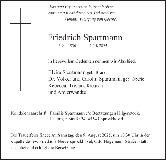 Traueranzeige von Friedrich Spartmann von Tageszeitung