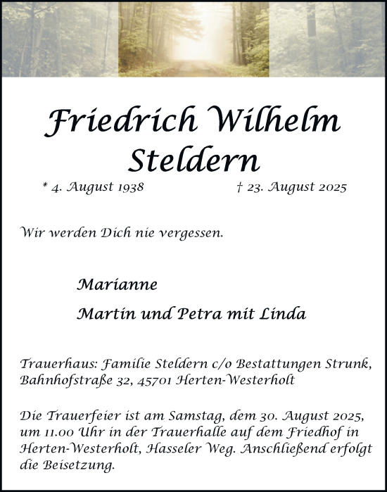 Traueranzeige von Friedrich Wilhelm Steldern von Tageszeitung