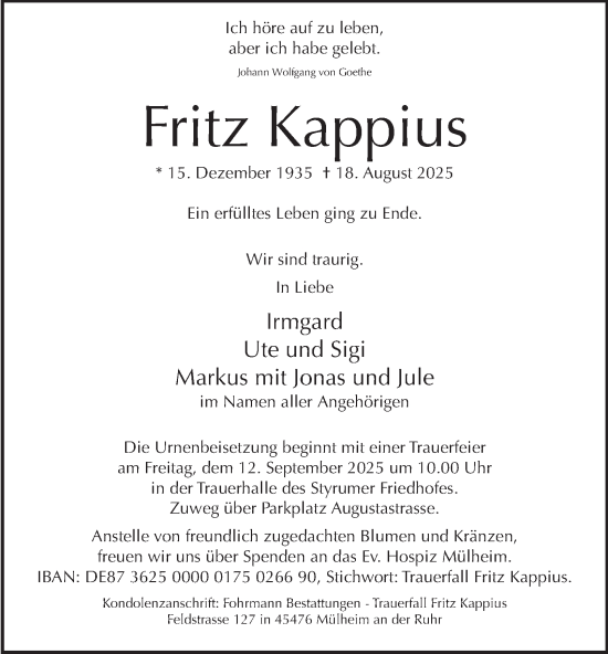 Traueranzeige von Fritz Kappius von Tageszeitung