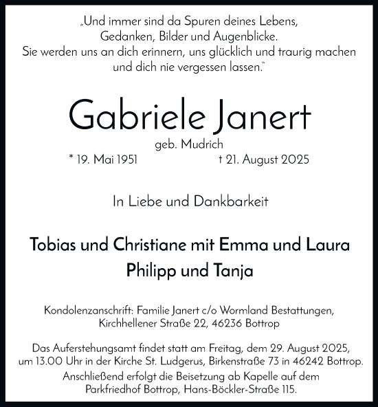 Traueranzeige von Gabriele Janert von Tageszeitung