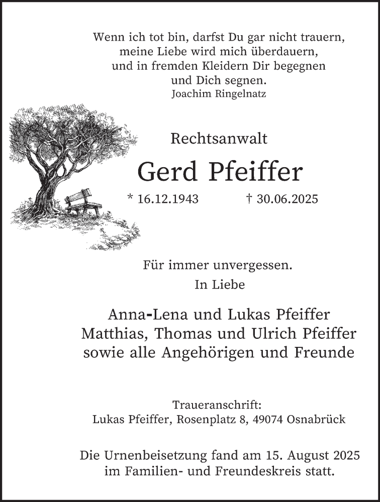  Traueranzeige für Gerd Pfeiffer vom 16.08.2025 aus Tageszeitung