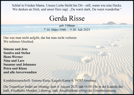 Traueranzeige von Gerda Risse von Tageszeitung