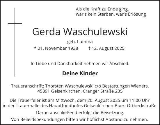 Traueranzeige von Gerda Waschulewski von Tageszeitung