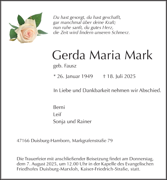 Traueranzeige von Gerda Maria Mark von Tageszeitung