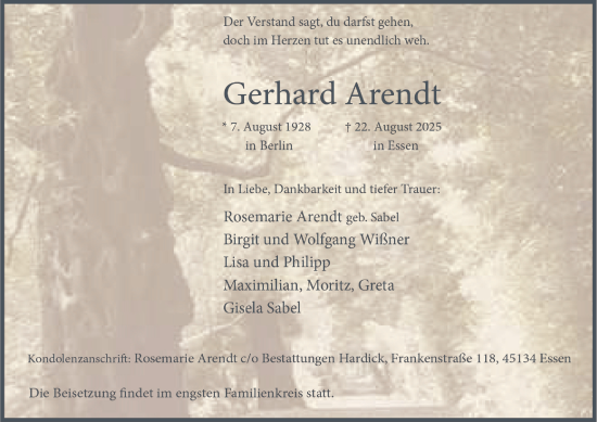 Traueranzeige von Gerhard Arendt von Tageszeitung