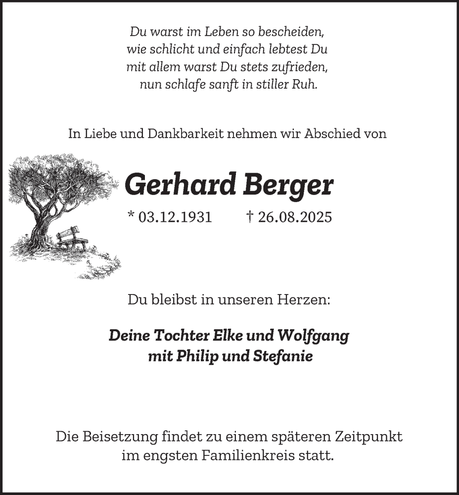  Traueranzeige für Gerhard Berger vom 30.08.2025 aus Tageszeitung