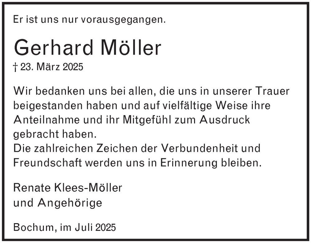  Traueranzeige für Gerhard Möller vom 02.08.2025 aus Tageszeitung