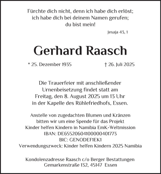 Traueranzeige von Gerhard Raasch von Tageszeitung
