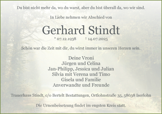Traueranzeige von Gerhard Stindt von Tageszeitung