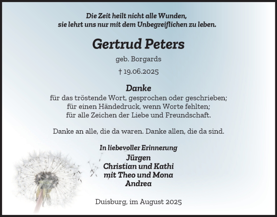 Traueranzeige von Gertrud Peters von Tageszeitung