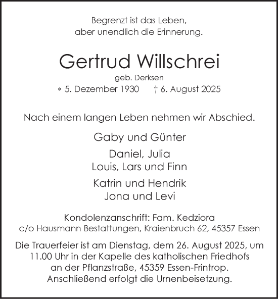 Traueranzeige von Gertrud Willschrei von Tageszeitung