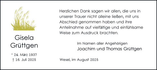 Traueranzeige von Gisela Grüttgen von Tageszeitung