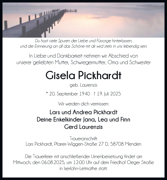 Traueranzeige von Gisela Pickhardt von Tageszeitung