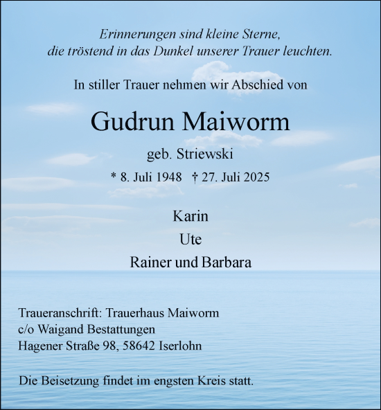 Traueranzeige von Gudrun Maiworm von Tageszeitung