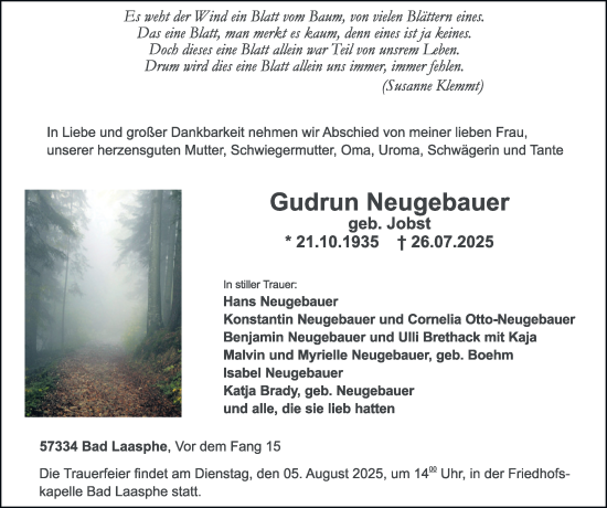 Traueranzeige von Gudrun Neugebauer von Tageszeitung