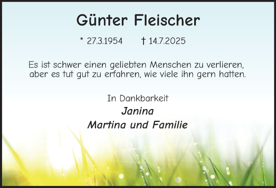 Traueranzeige von Günter Fleischer von Tageszeitung