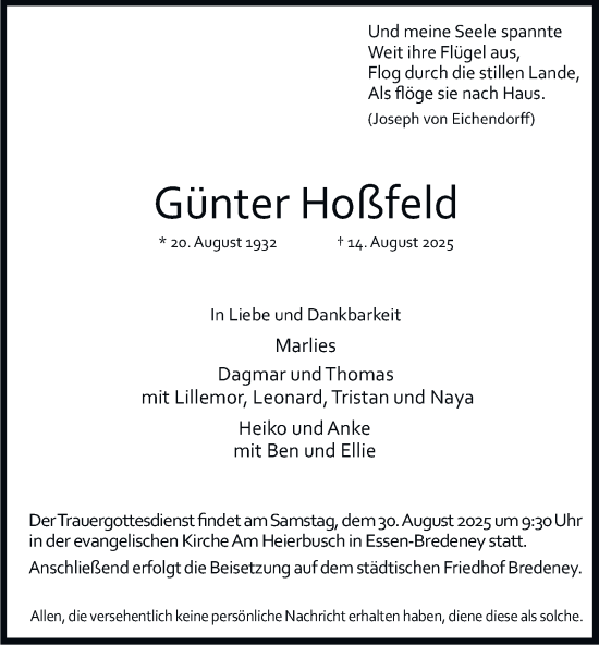 Traueranzeige von Günter Hoßfeld von Tageszeitung