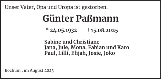 Traueranzeige von Günter Paßmann von Tageszeitung