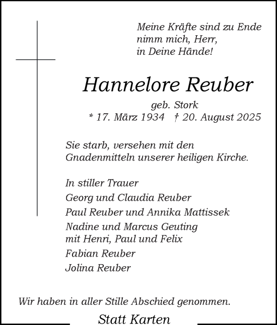 Traueranzeige von Hannelore Reuber von Tageszeitung
