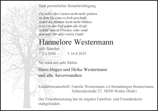 Traueranzeige von Hannelore Westermann von Tageszeitung