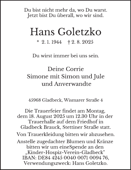 Traueranzeige von Hans Goletzko von Tageszeitung