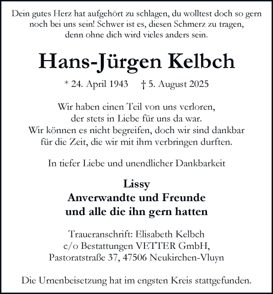 Traueranzeige von Hans-Jürgen Kelbch von Tageszeitung