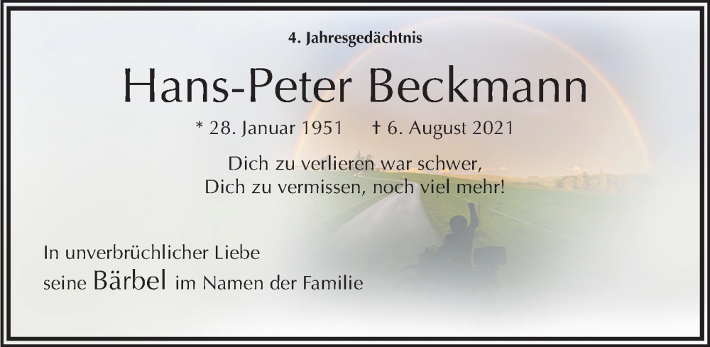  Traueranzeige für Hans-Peter Beckmann vom 09.08.2025 aus Tageszeitung