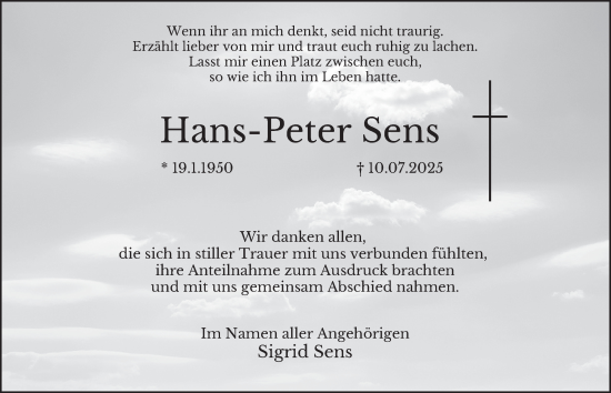 Traueranzeige von Hans-Peter Sens von Tageszeitung