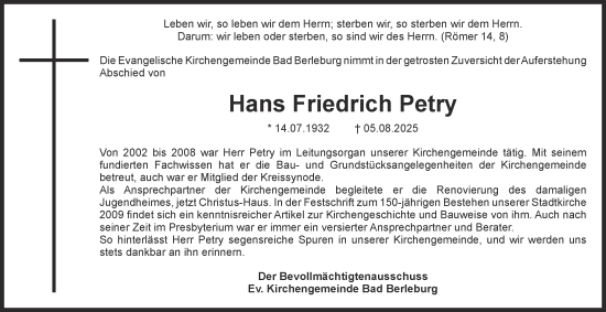 Traueranzeige von Hans Friedrich Petry von Tageszeitung