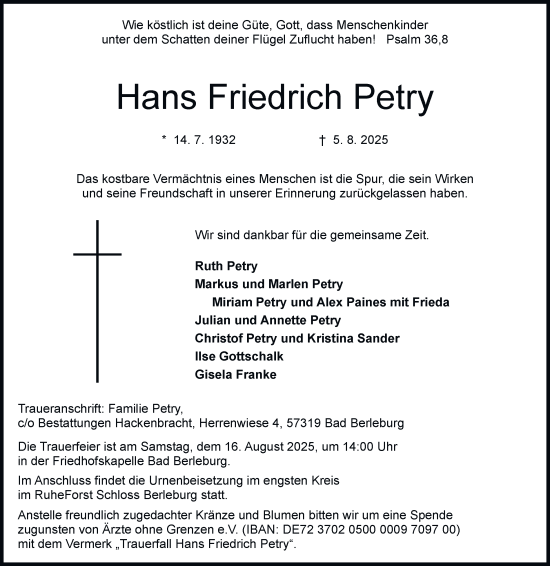 Traueranzeige von Hans Friedrich Petry von Tageszeitung