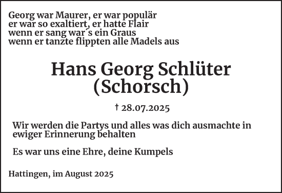 Traueranzeige von Hans Georg Schlüter von Tageszeitung