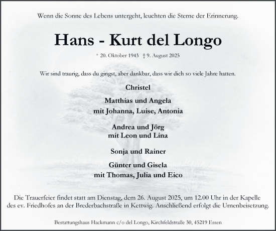 Traueranzeige von Hans Kurt del Longo von Tageszeitung
