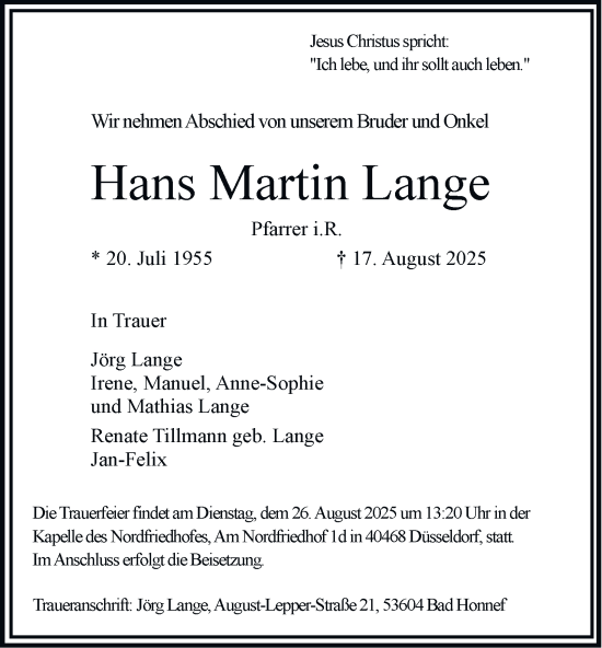 Traueranzeige von Hans Martin Lange von Tageszeitung