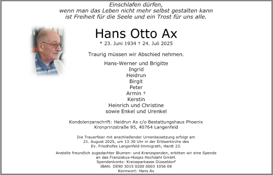 Traueranzeige von Hans Otto Ax von Tageszeitung