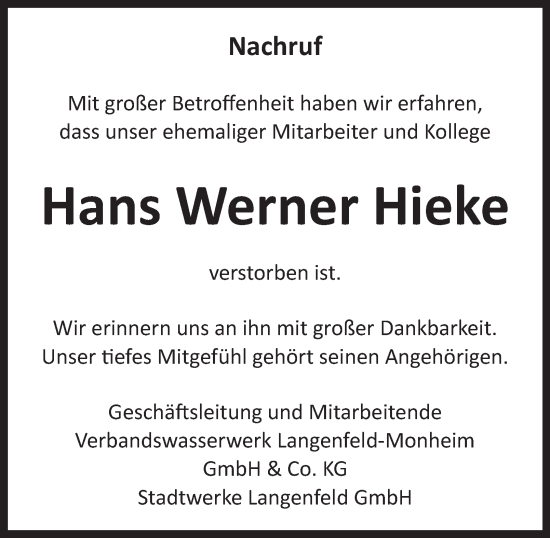 Traueranzeige von Hans Werner Hieke von Tageszeitung