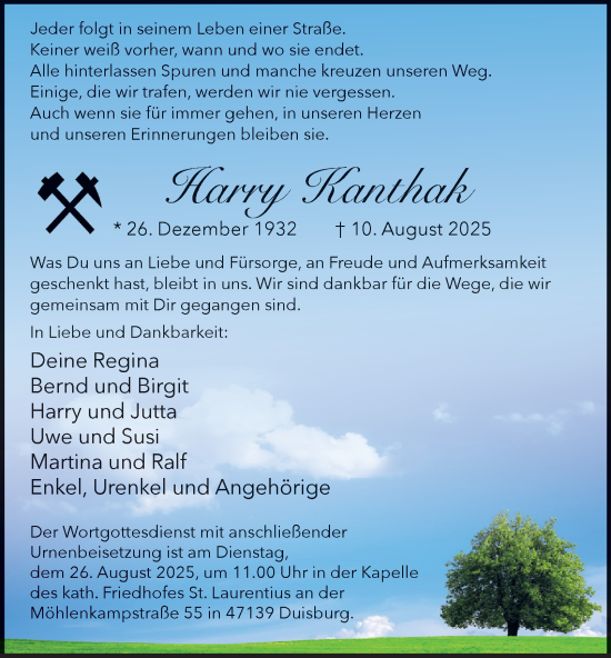 Traueranzeige von Harry Kanthak von Tageszeitung