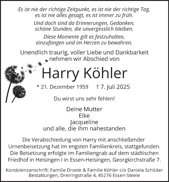 Traueranzeige von Harry Köhler von Tageszeitung
