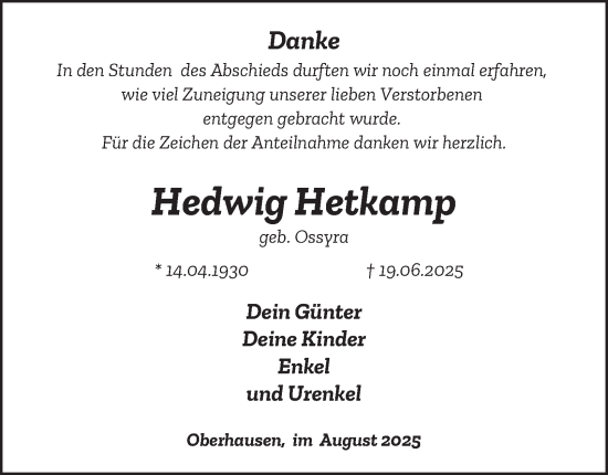 Traueranzeige von Hedwig Hetkamp von Tageszeitung
