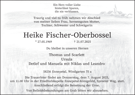 Traueranzeige von Heike Fischer-Oberbossel von Tageszeitung