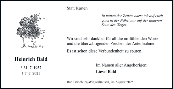 Traueranzeige von Heinrich Bald von Tageszeitung