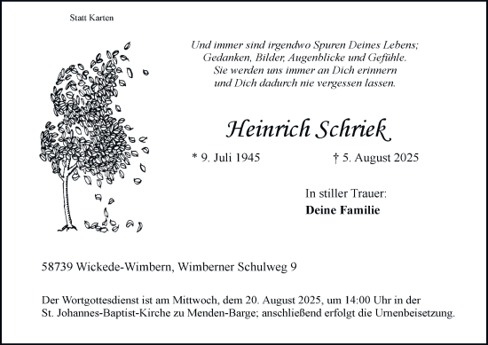 Traueranzeige von Heinrich Schriek von Tageszeitung