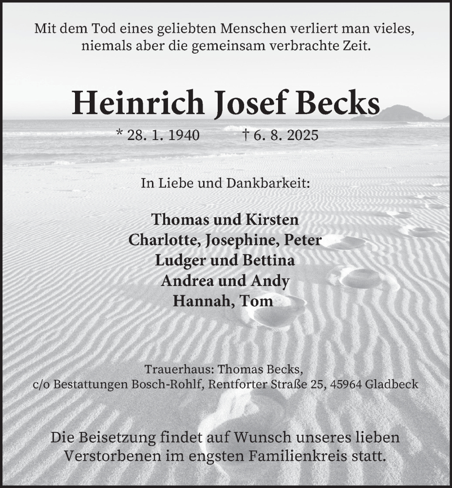  Traueranzeige für Heinrich Josef Becks vom 12.08.2025 aus Tageszeitung