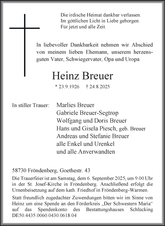 Traueranzeige von Heinz Breuer von Tageszeitung