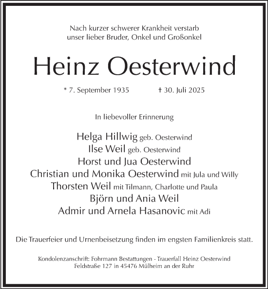 Traueranzeige von Heinz Oesterwind von Tageszeitung