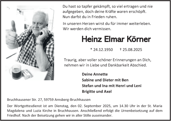 Traueranzeige von Heinz Elmar Körner von Tageszeitung