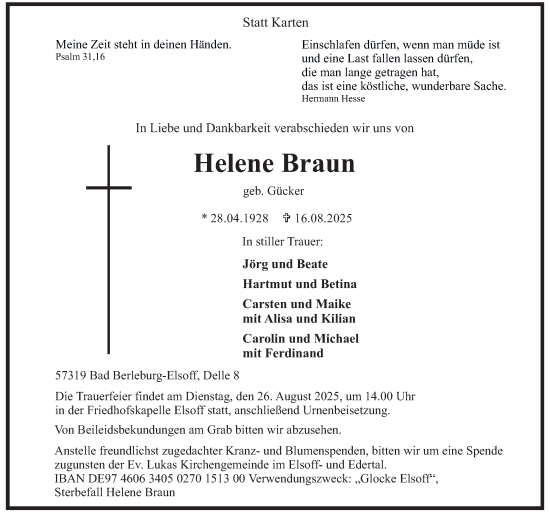 Traueranzeige von Helene Braun von Tageszeitung