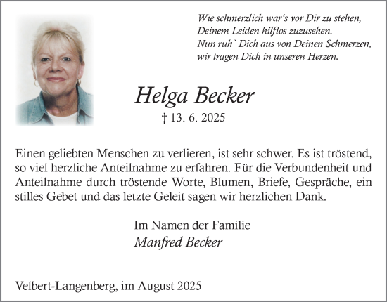 Traueranzeige von Helga Becker von Tageszeitung