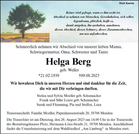 Traueranzeige von Helga Berg von Tageszeitung